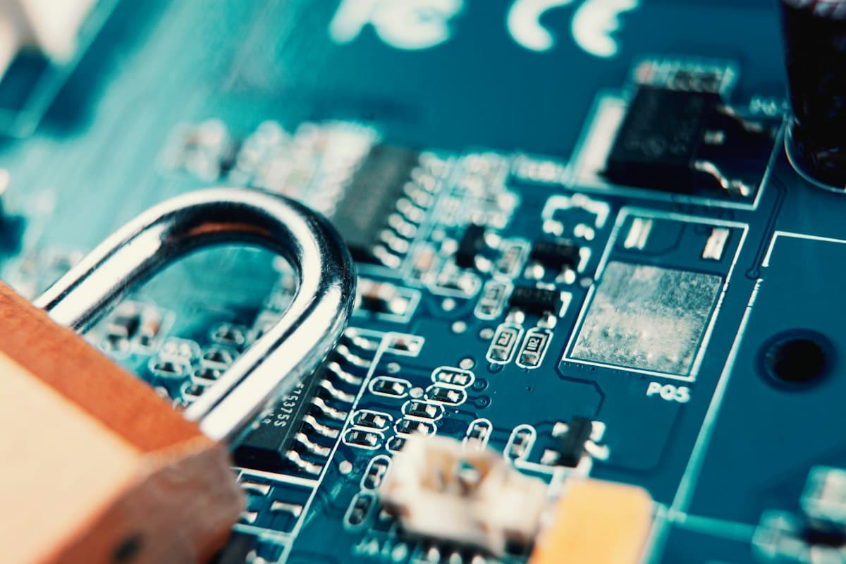 Cadeado sobre uma placa de circuito, representando controle de acesso e limites para sistemas automatizados